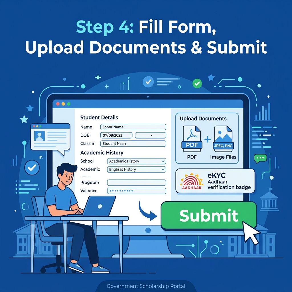 Step 4: Fill application form, upload documents and submit Karnataka BCWD Pre-Matric Scholarship
