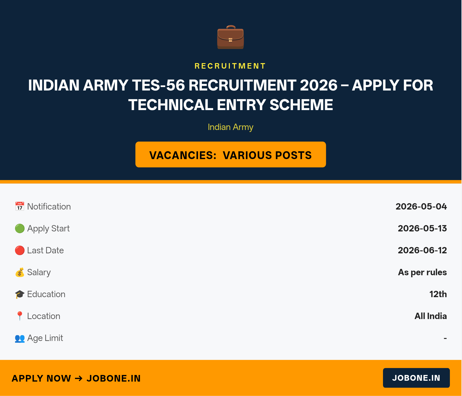 Indian Army TES-56 Recruitment 2026 – Apply for Technical Entry Scheme