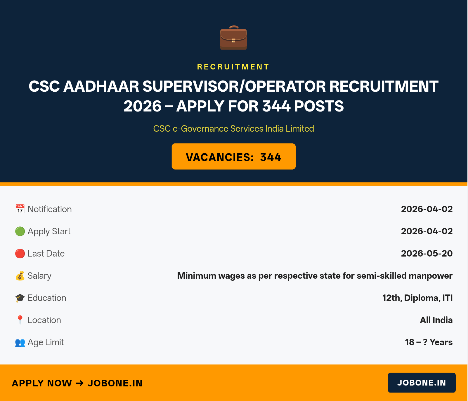 CSC Aadhaar Supervisor/Operator Recruitment 2026 – Apply for 344 Posts