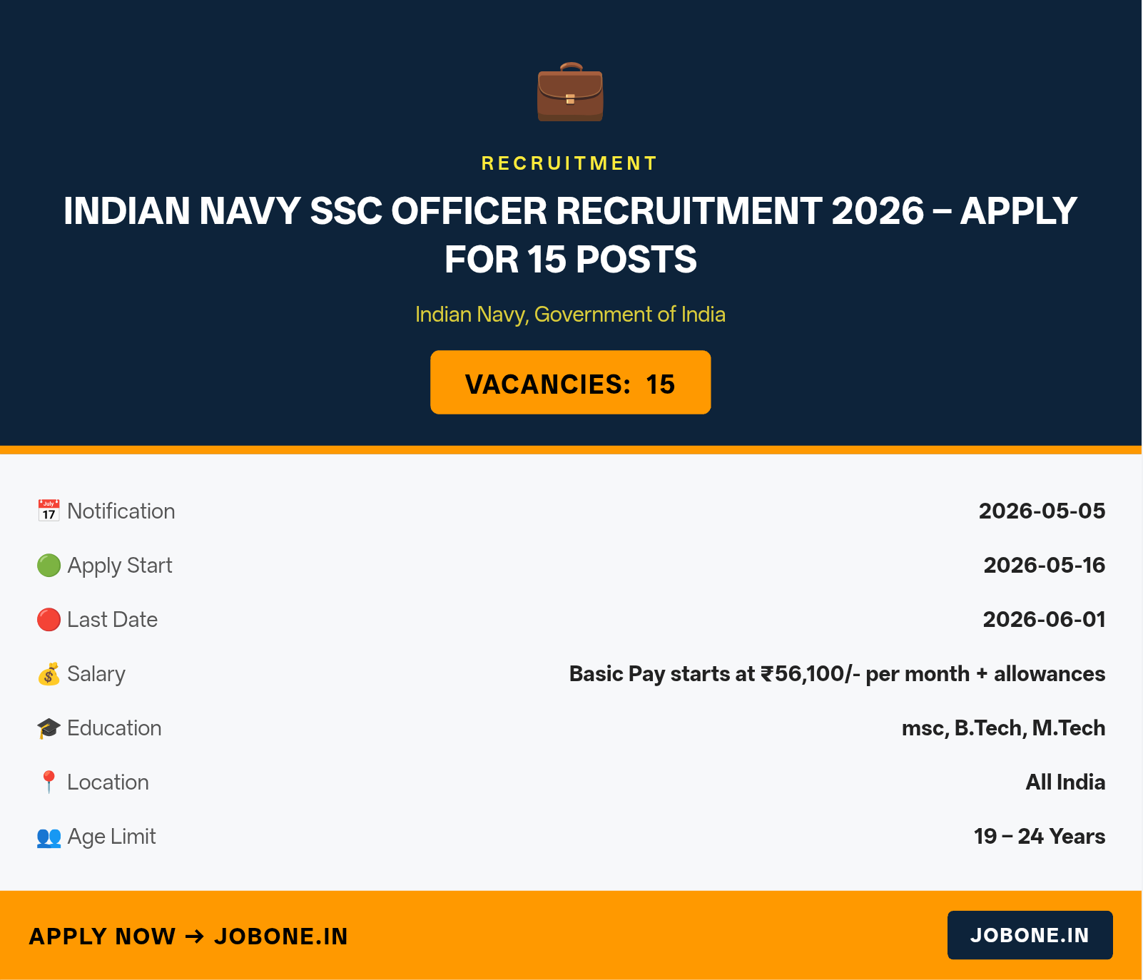 Indian Navy SSC Officer Recruitment 2026 – Apply for 15 Posts