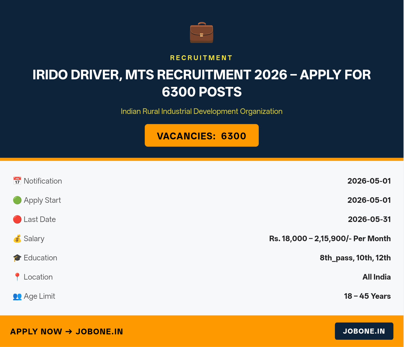IRIDO Driver, MTS Recruitment 2026 – Apply for 6300 Posts