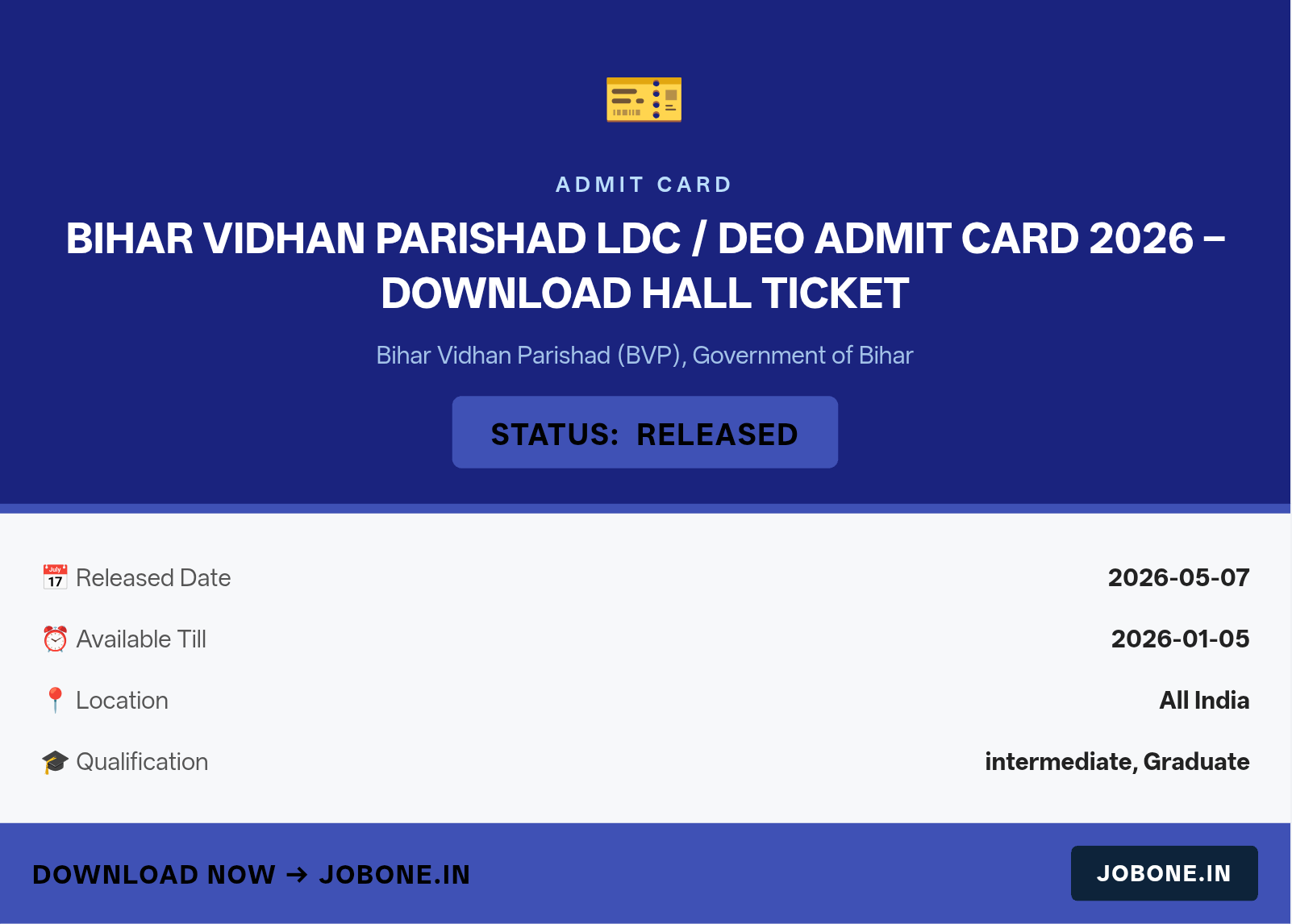Bihar Vidhan Parishad LDC / DEO Admit Card 2026 – Download Hall Ticket