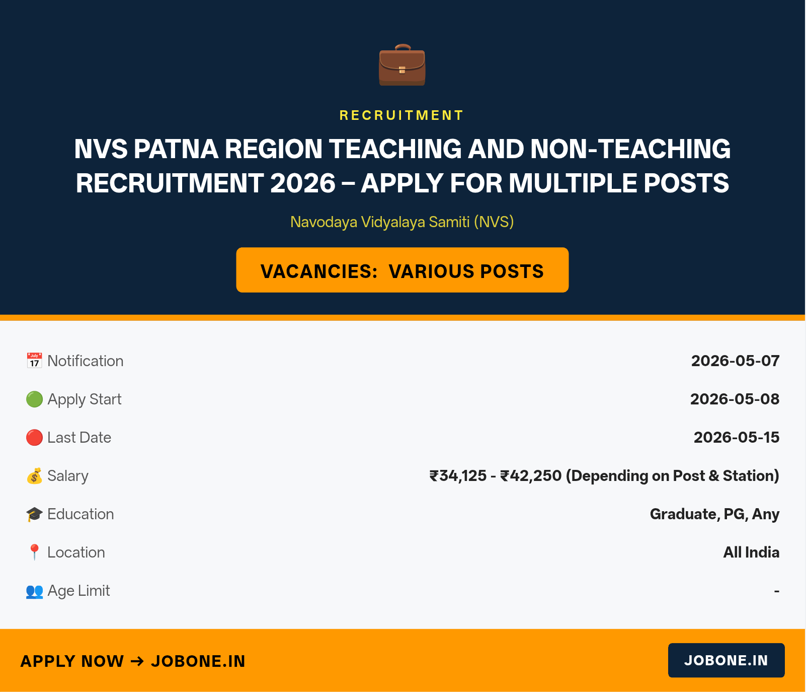 NVS Patna Region Teaching and Non-Teaching Recruitment 2026 – Apply for Multiple Posts