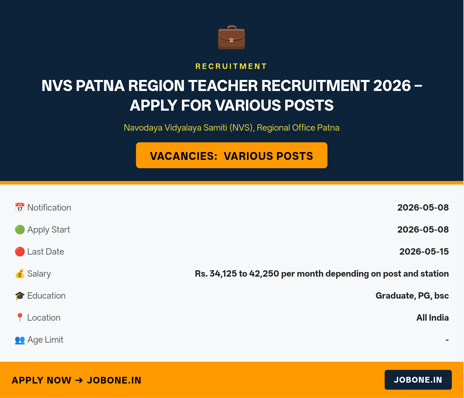 NVS Patna Region Teacher Recruitment 2026 – Apply for Various Posts