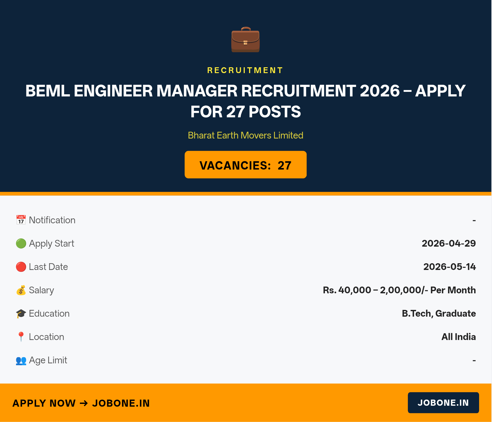 BEML Engineer Manager Recruitment 2026 – Apply for 27 Posts