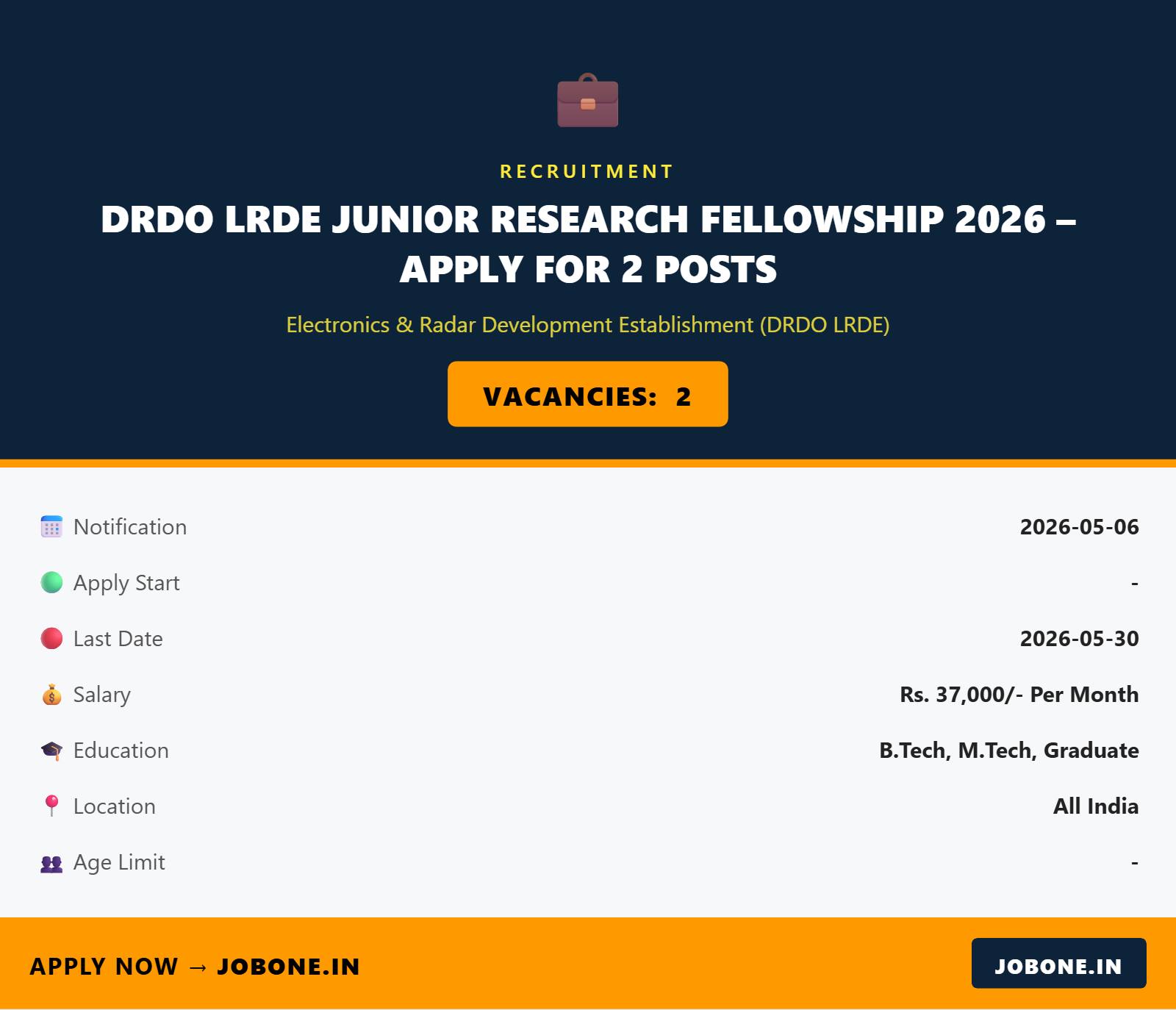 DRDO LRDE Junior Research Fellowship 2026 – Apply for 2 Posts