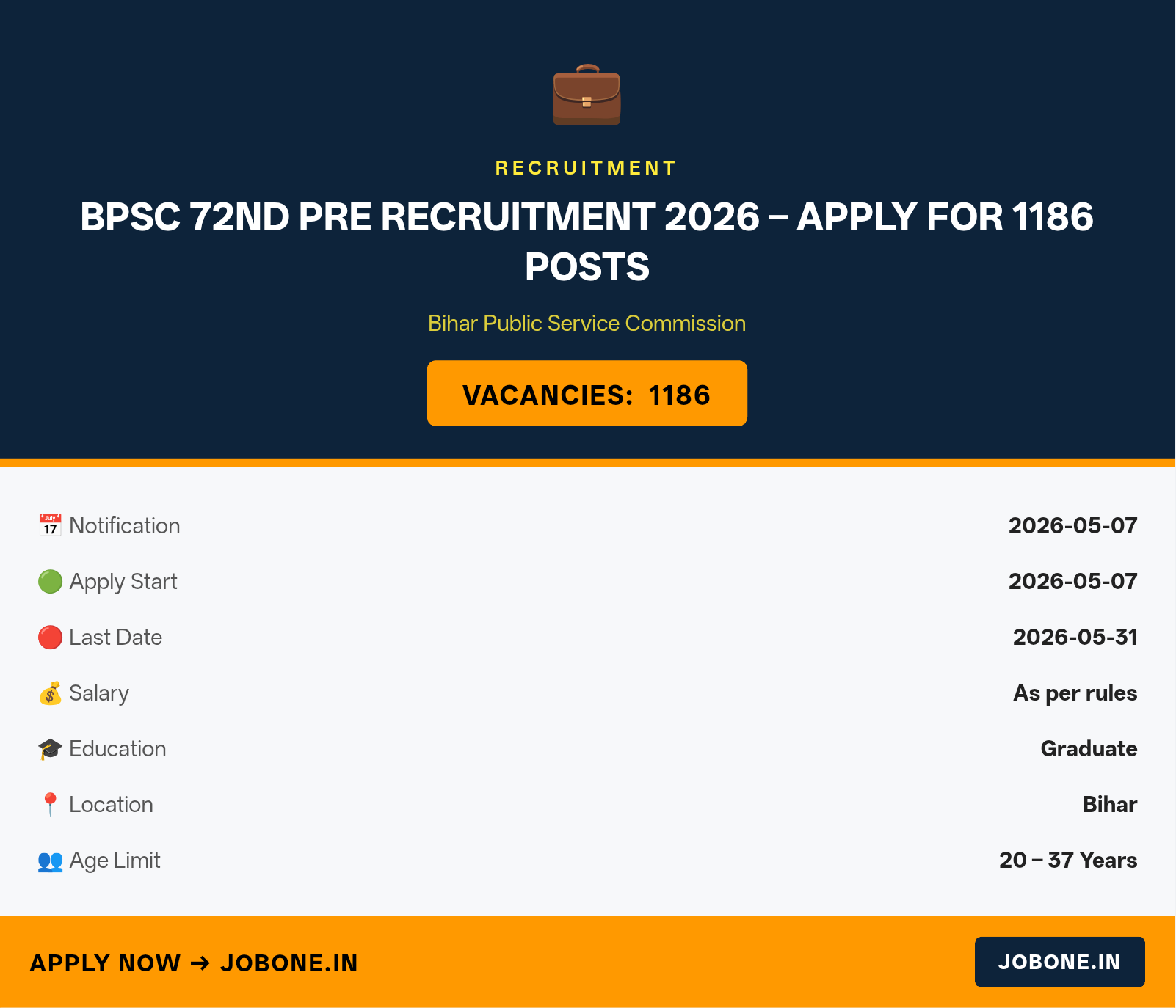 BPSC 72nd Pre Recruitment 2026 – Apply for 1186 Posts