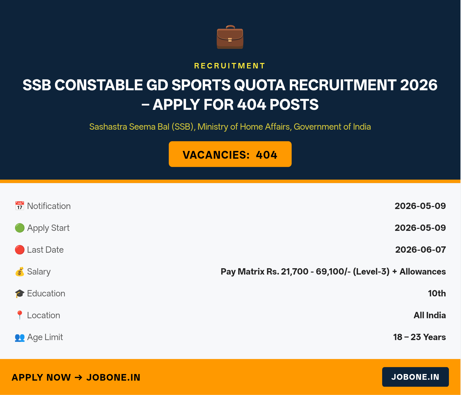 SSB Constable GD Sports Quota Recruitment 2026 – Apply for 404 Posts