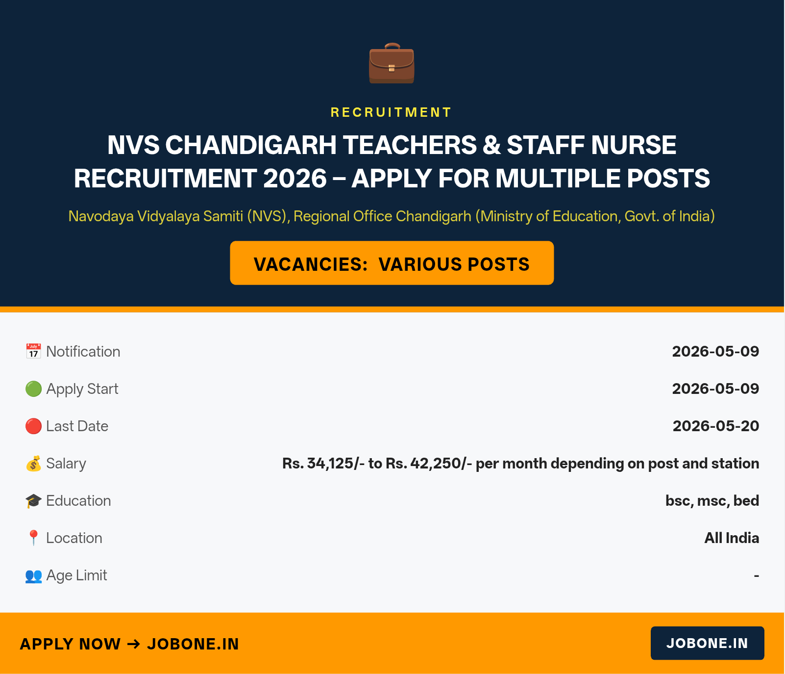 NVS Chandigarh Teachers & Staff Nurse Recruitment 2026 – Apply for Multiple Posts