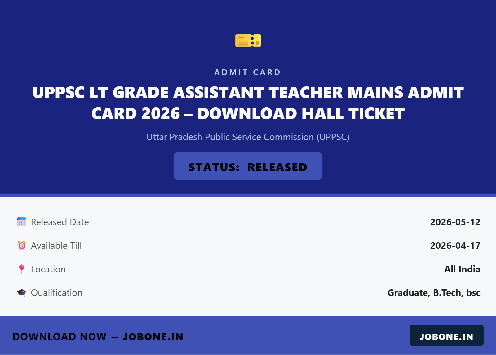 UPPSC LT Grade Assistant Teacher Mains Admit Card 2026 – Download Hall Ticket