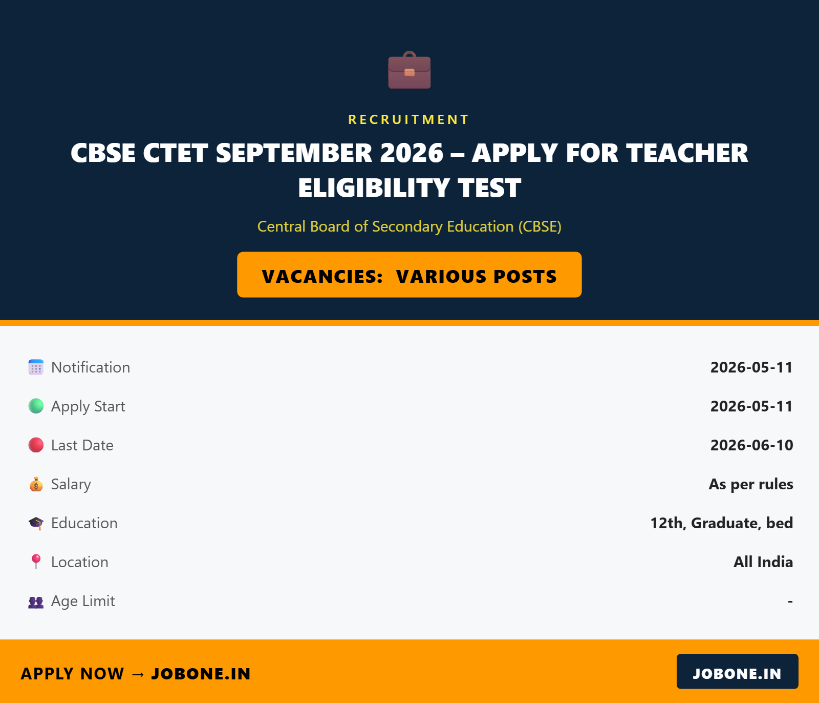 CBSE CTET September 2026 – Apply for Teacher Eligibility Test