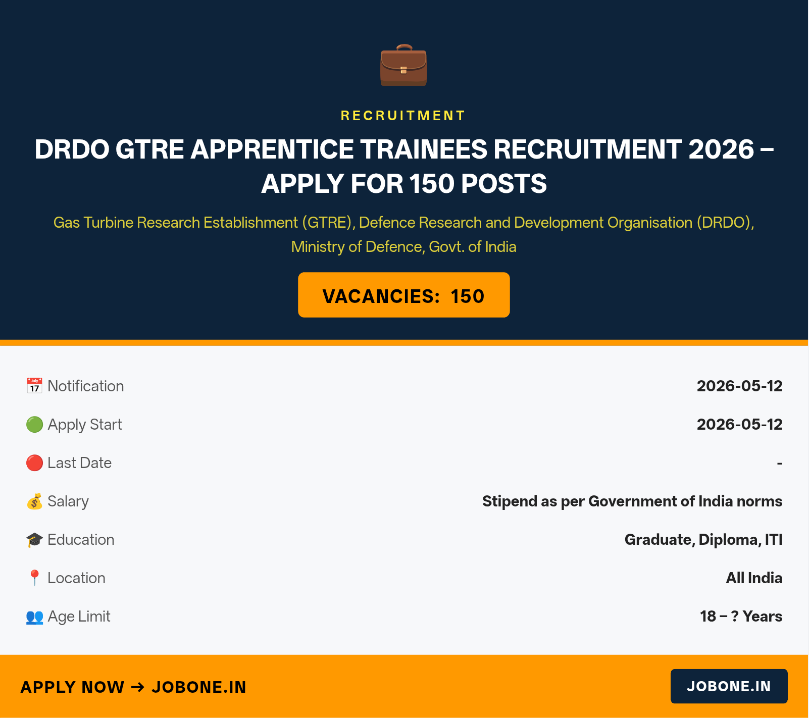 DRDO GTRE Apprentice Trainees Recruitment 2026 – Apply for 150 Posts
