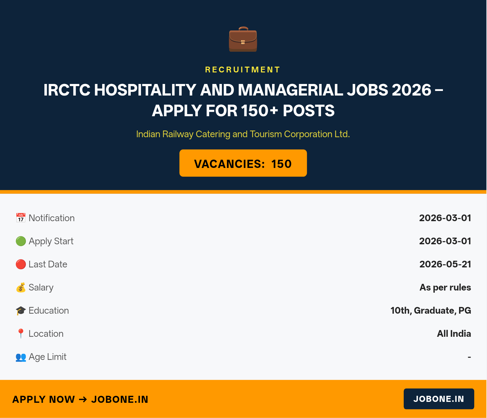 IRCTC Hospitality and Managerial Jobs 2026 – Apply for 150+ Posts