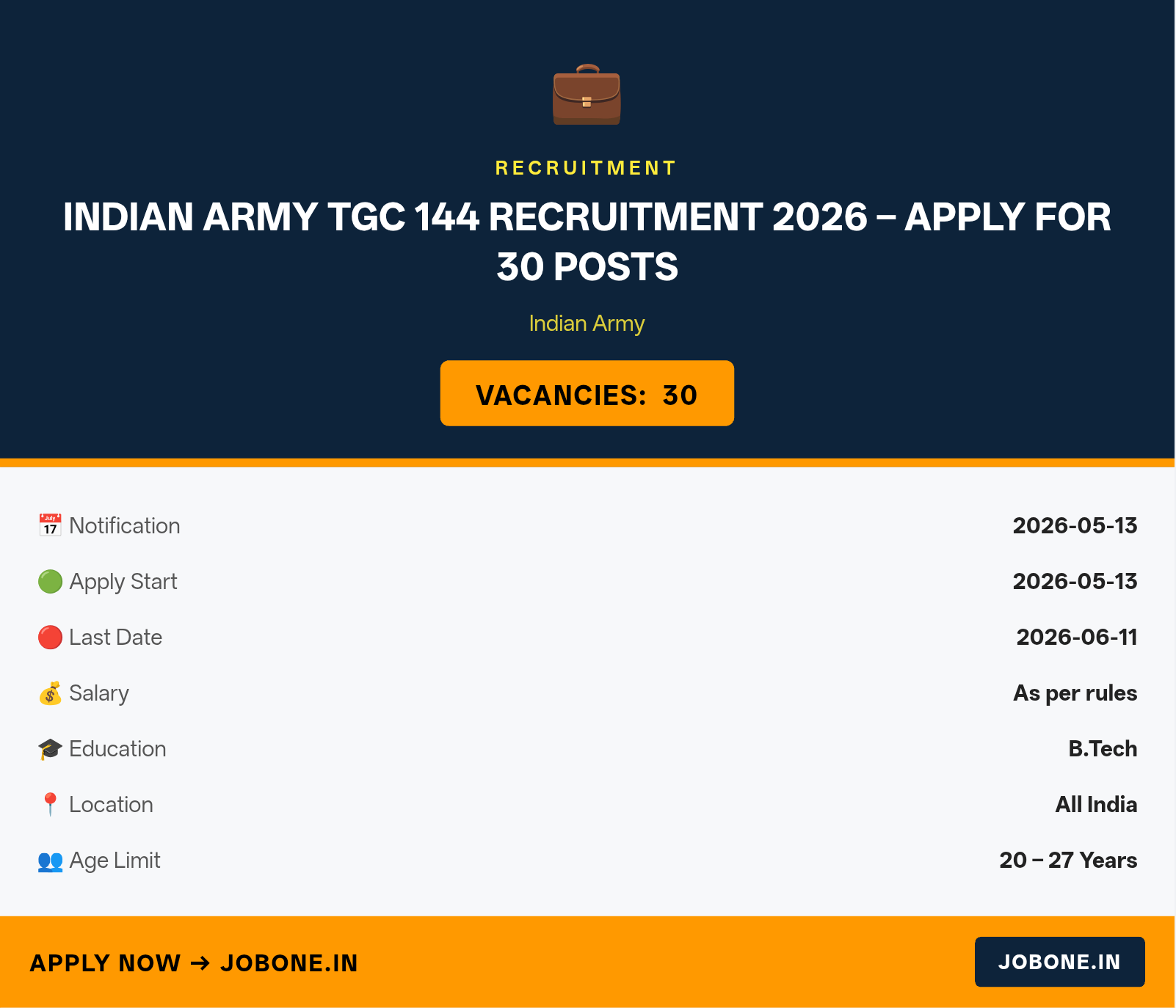 Indian Army TGC 144 Recruitment 2026 – Apply for 30 Posts