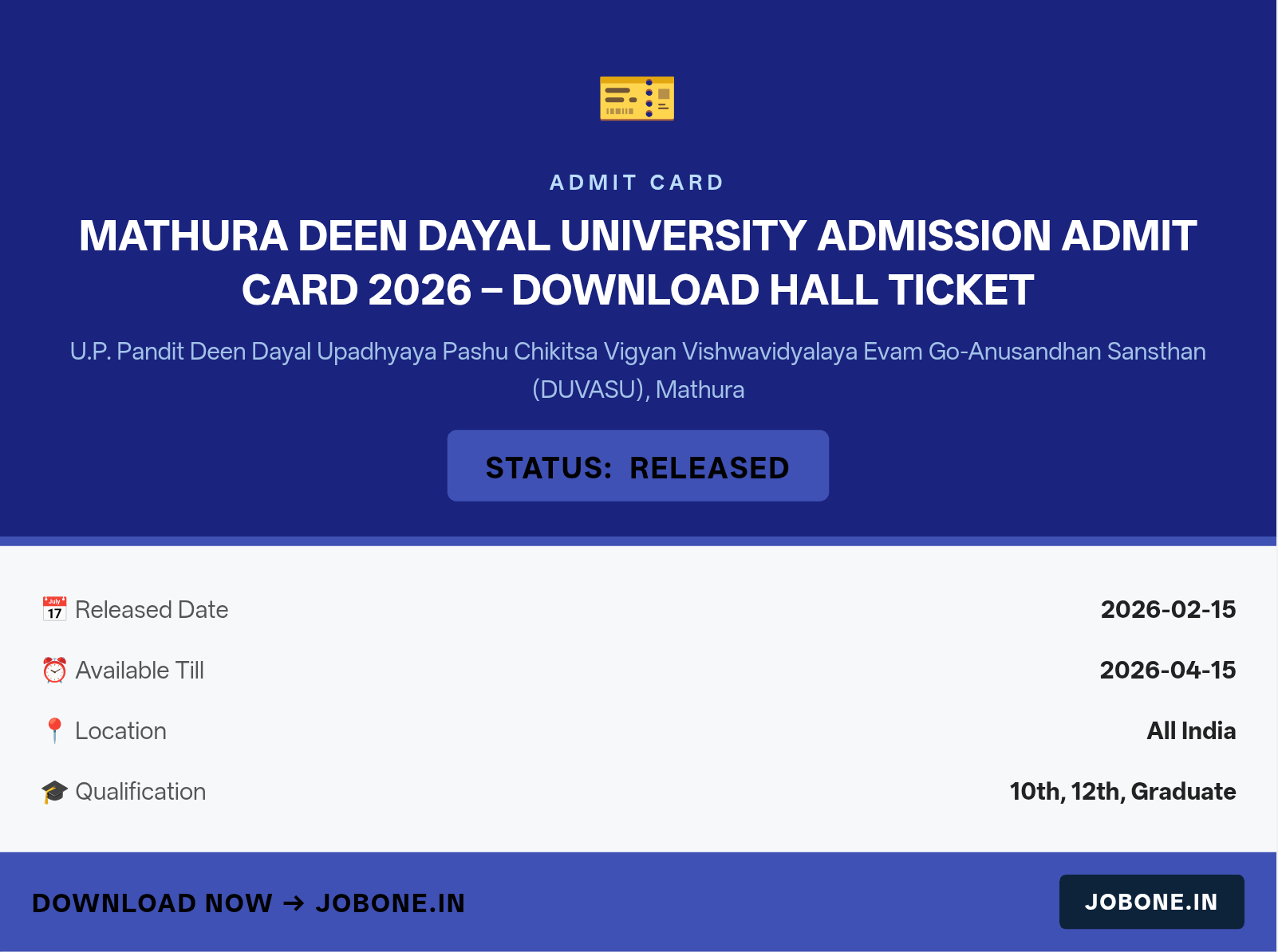 Mathura Deen Dayal University Admission Admit Card 2026 – Download Hall Ticket