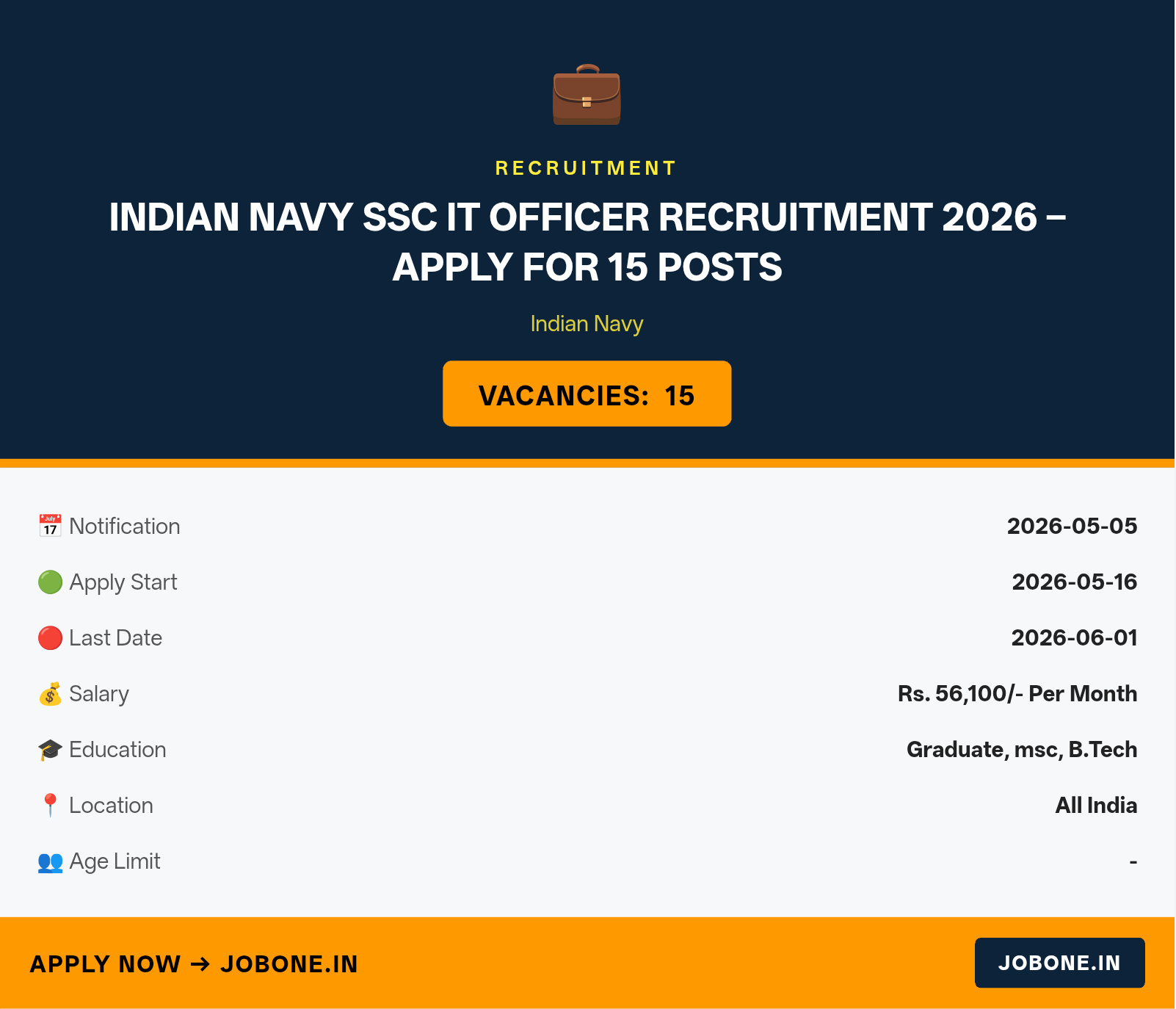 Indian Navy SSC IT Officer Recruitment 2026 – Apply for 15 Posts