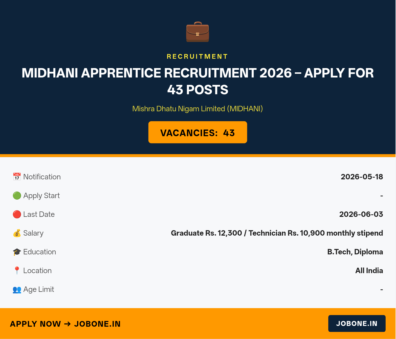 MIDHANI Apprentice Recruitment 2026 – Apply for 43 Posts